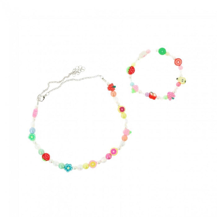 Conjunto de Colar e Pulseira com Pérolas e Frutas