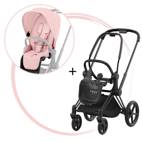 Carrinho Cybex Priam Matt Black + Pack de Tecidos Peach Pink