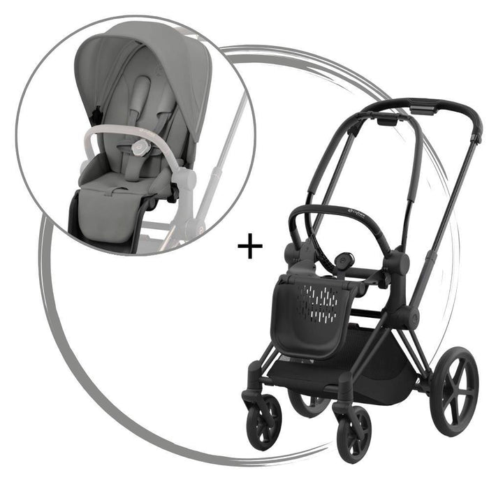 Carrinho Cybex Priam Matt Black + Pack de Tecidos Mirage Grey