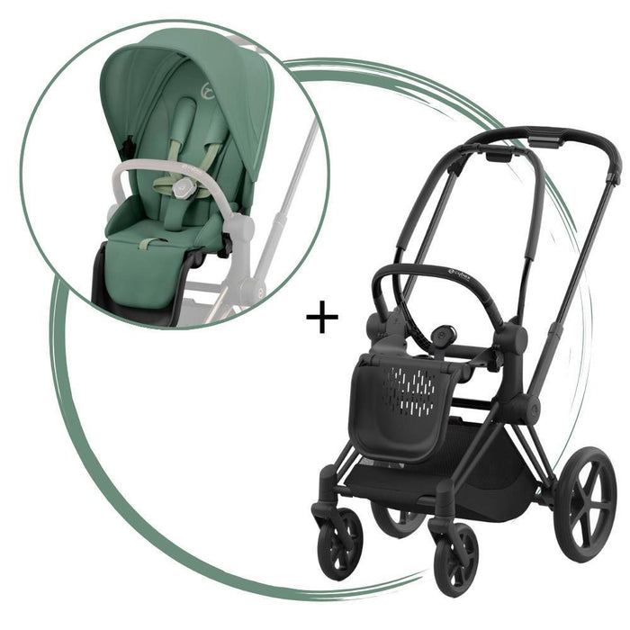 Carrinho Cybex Priam Matt Black + Pack de Tecidos Leaf Green